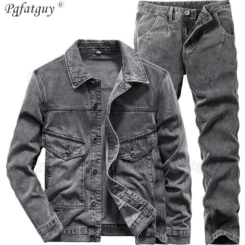 Smoky Gray New Punk Style Mens 2 Piece Tops and Pants Mens Long Sleeve Big Pocket Denim Jacket + Jeans Plus Size 4XL Denim Sets