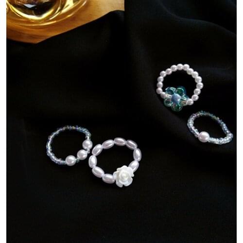 2pcs/Set Summer Pearl Flower Ring Girl Japanese And Korean Beaded Elastic Fashion Personality Index Finger Ring