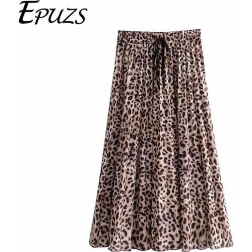 Summer Leopard skirts womens faldas mujer elastic high waist skirt korean casual mid calf pleated skirts streetwear 2019