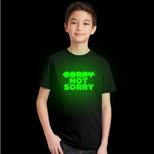 Summer Kids Boys Girls Noctilucent Not Sorry Print T-shirt Funny Children Glow In Dark T-shirts Baby Luminous Letter T-shirts