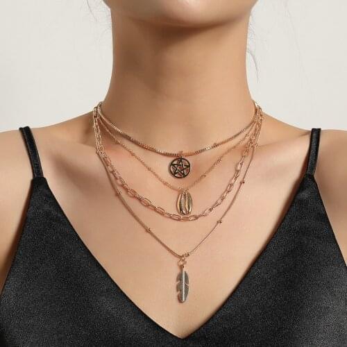 Punk Multilayer Chains Star Shell Feather Pendant Necklace for Women Vintage Geometric Sweater Chains Necklace Colar Jewelry