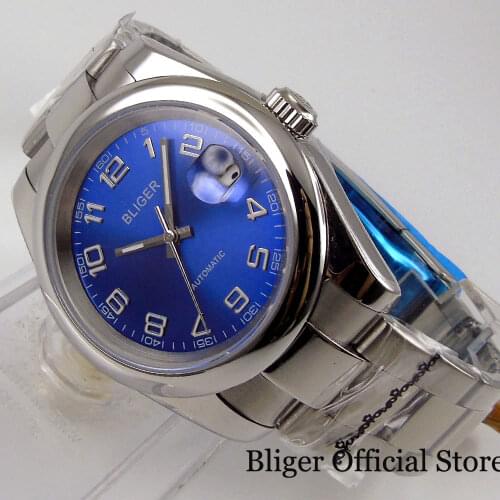 BLIGER Blue MIYOTA 8215 36mm Men Watch 21 Jewels Automatic Movement Screw Crown Middle Polish Bracelet Flat Sapphire Crystal
