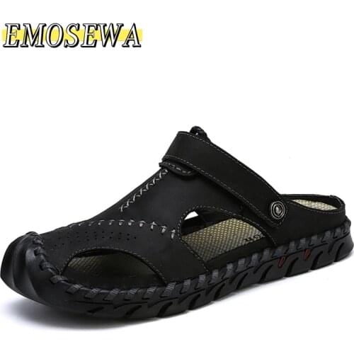 EMOSEWA Brand Summer Man Beach Cork Slippers Casual Men Buckle Genuine Leather Cut-outs Clogs Slides Slip on Shoes Plus 38-48
