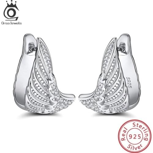 ORSA JEWELS 925 Sterling Silver Ear Cuffs Fashion Angles Wings Clip Earrings with Zircon Stone for Women Teen Jewelry SE341