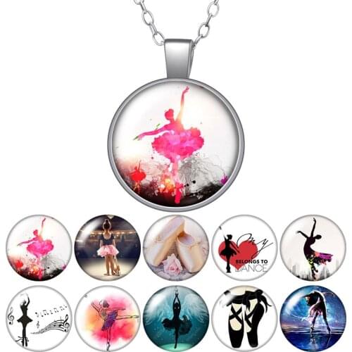 Love Dancing Ballet Round Pendant Necklace 25mm Glass Cabochon Women Girl Jewelry Party Birthday Gift 50cm