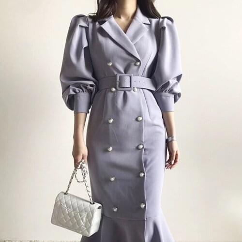 GOOHOJIO 2020 Double breasted solid color suit collar Women Dress Autumn temperament dress ladies Casual Puff sleeve Dress women