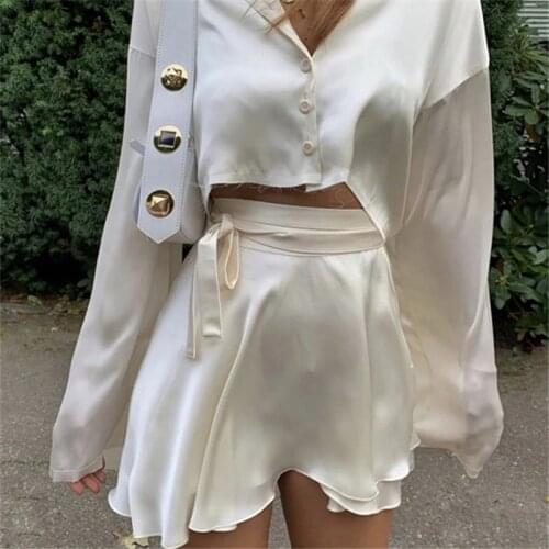 Casual Satin Two Piece Dress Set for Women White Turn Down Collar Button Top Bandage Mini Skirts Outfits Fashion Party Suit 2021