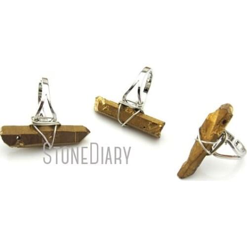 10Pcs Wire Wrap Silver Electoplated Faceted Pillar Ring Titanium Gold Clear Crystal Quartz Ring Online Adjustable RM13006