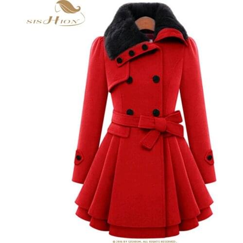 SISHION 4XL Plus Size Black Red Women Vintage Coat 2020 Autumn Winter Wool Blend Coat QY0322 Double Breasted Ladies Belt Coats