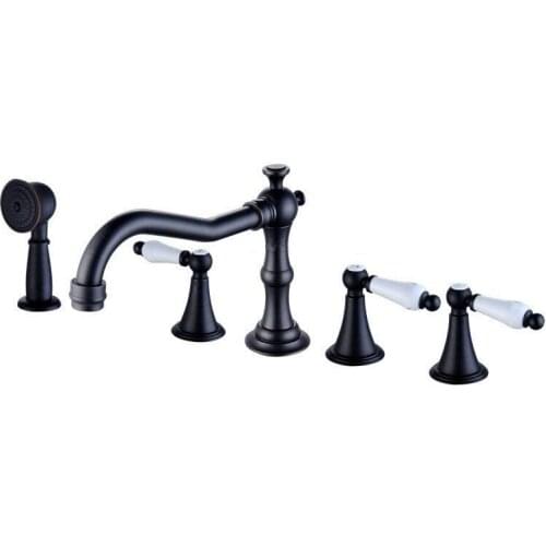 Deck Mounted 5 Holes Bathtub Mixer Faucet Black Oil Rubbed Brass Widespread 3 Handle bathroom basin Faucet Set Handshower atf054