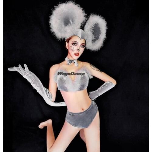 Women Bar Costumes Nightclub Gogo Dance Clothes Cute Mouse Suit Gray Sexy Singer Feather Stage Outfit