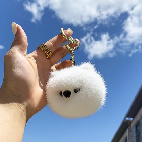 Women Car Key Metal Pendant Real Mink Fur Keychain Soft little dog Toy Fur Pompon Ball Bag Charm Keyring Luxury Handmade Gift