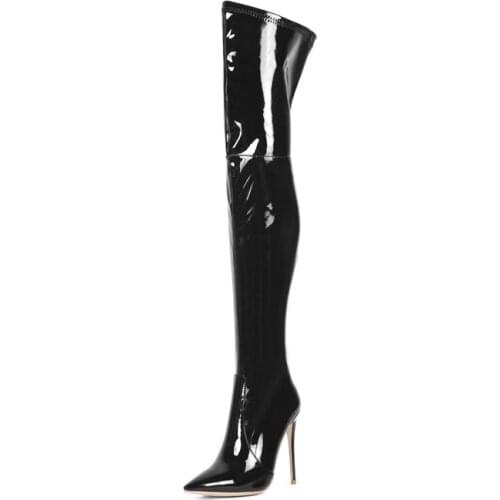 Woman Patent Leather Over The Knee High Boots Cool Motorcycle Boots Thin Heel Pointed Toe Fashion Shoes