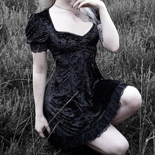 Female Hot Sexy Slim Lace High Waist Dresses Puff Short Sleeve Square Neck Skin-friendly Black Mini Dress Woman Summer 2021
