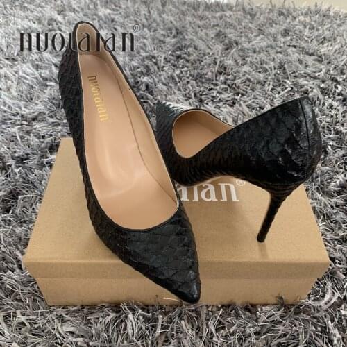 12/10/8CM Women Stiletto High Heels Ladies Sexy Black Snake thin Heels Pointed Toe Pumps Comfortable Dress wedding Shoes Woman