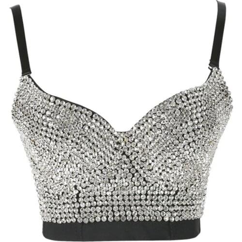 Women Beading Crystal Brassiere Hand-made Rhinestones Crop Tops Corsets Bar Club Dancewear Party Sexy Bras Short Camis Costume