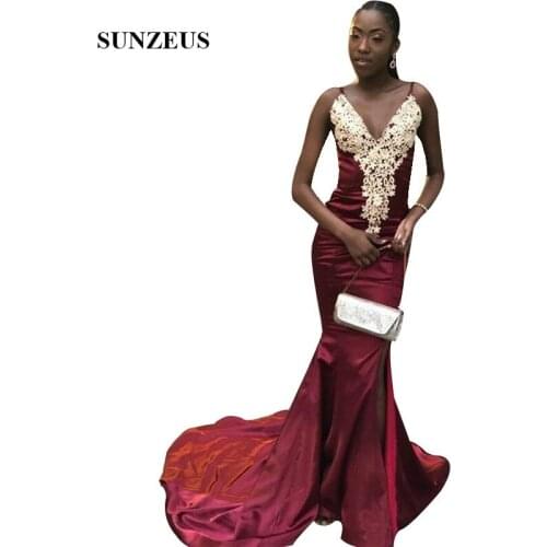 Gold Appliques Burgundy Prom Dresses 2019 Spaghetti Straps V-neck Mermaid Women Long Gowns For Party Satin Formal Wear