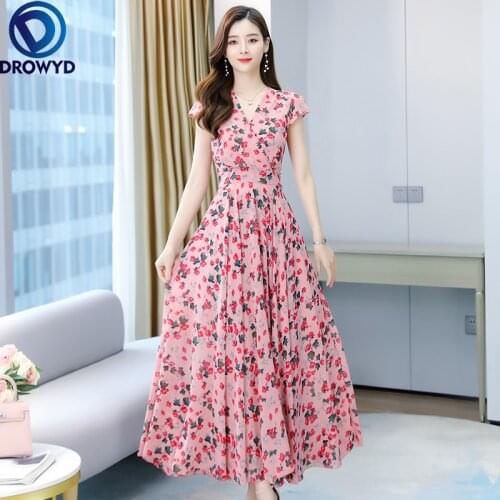 Fashion Pink Print Flower Slim Waist Boho Summer Maxi Dress Women Broken Flowers Floral Print Long Chiffon Dresses M-4XL Vestido