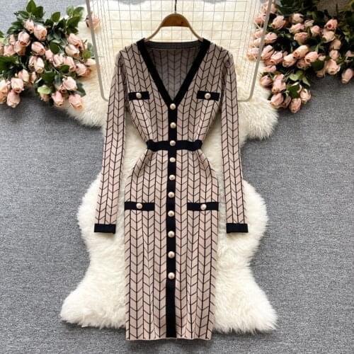 Long Sleeve Knit Dress Women 2021 Autumn Fashion Geometric Pattern V-neck Single Breasted Slim Fit Elegant Office Party Dresses