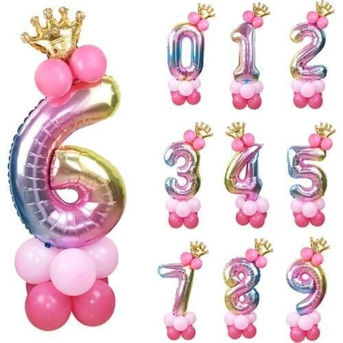 1 Set 32 Inch Rainbow Foil Number Balloons with Crown Latex Balloon for Wedding Anniversary Party Decoration for Kids