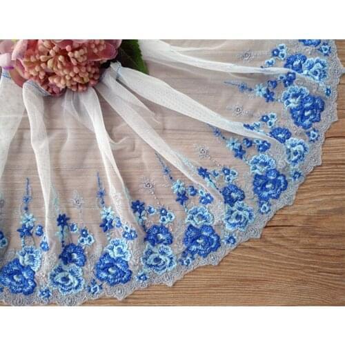 10Yards Blue Embroidery Lace Trim Floral Applique Fabric Sewing Trims Clothing Crafts Accessories Free Shipping