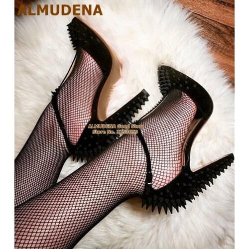 ALMUDENA Black Suede Rivets Chunky Heel Dress Shoes Pointed Toe T-bar Long Spikes Gladiator Pumps Sexy Women Footwear Size43