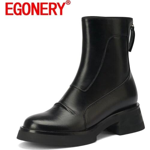 EGONERY Women winter Genuine Leather Martin boots Leisure New Style Back zipper Round Toe Concise Comfortable Solid color