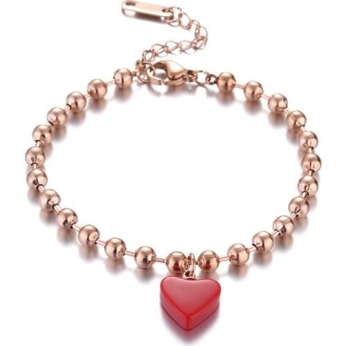 316L Stainless Steel Beaded Red Zircon Couple Love Heart Charms Chain Bracelets For Women Fashion Trend Fine Jewelry Gift SAB294