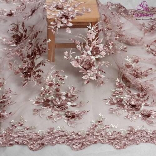 La Belleza new design lace ,Dark pink 3D flowers lace fabric,rose pink 3D flowers lace fabric evening dress lace fabric 1 yard