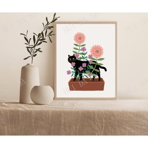 Cat Art Wall Art, Cat Poster Print, Printable Cat Wall Art, Minimalist Art, Modern Home Decor, Flowers Home Decor