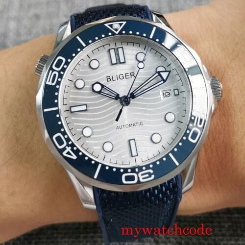 New BLIGER NH35 MIYOTA 8215 Automatic Mens Watch Auto Date Saapphire Crystal Screw Down Crown Rubber Strap Solid Back