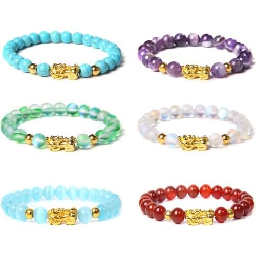 PIXIU Bracelet Natural Stone Moonstone Obsidian Fengshui Buddhism Alloy Charm Bracelets For Women Men Wealth Unisex Wristband