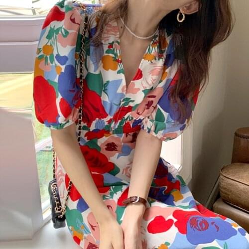 South Korea Chic Retro Elegant V-Neck Color Flower Design Elastic Waist Thin Puff Sleeve Dress Female