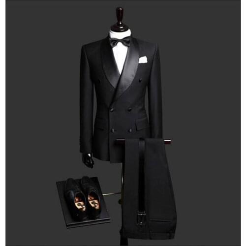 Custom Made Slim Fit Black 2 Piece Mens Blazer Double Breasted Suit Men Wedding Suits Groom Tuxedos For Men (Jacket+Pants+Tie)