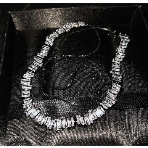 QTT Fashion Bling Rhinestone Jewelry 925 Sterling Silver Gift Link Chain Choker Necklace Rectangle Crystal Necklace