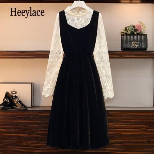 Plus Size Women Clothing Autumn Winter French Vintage Lace Long Sleeve Top And Velvet Dresses Suits Female Elegant 2 Pieces Set