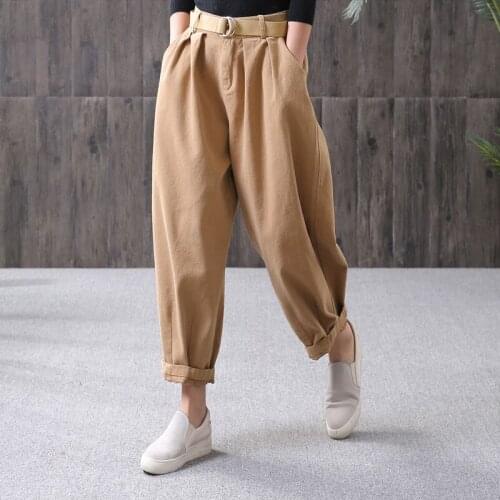QPFJQD Female Bottom Wide Leg Office Lady Pants Cotton Straight Loose OL Trousers Women Casual Pocket High Waist Trousers