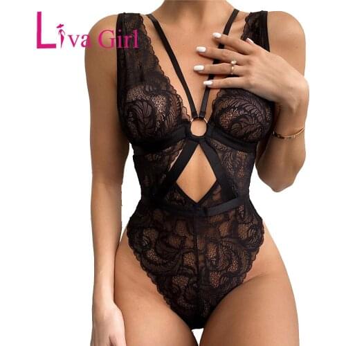 LIVA GIRL Black Lace Hollow out Adjustable Strap Bodysuit Woman 2021 Summer Bedtime Tops Female Sexy Halter Bodycon Jumpsuits