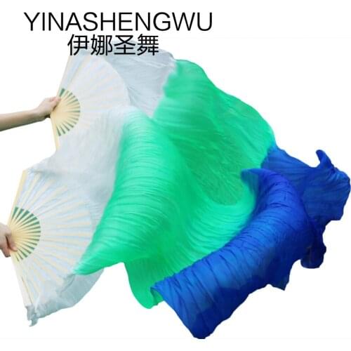 1 Pair Dance Fans Bamboo Ribs Natural Silk Stage Performance Props Dye Fans Women Belly Dance Silk Fans white+ green +royal blue