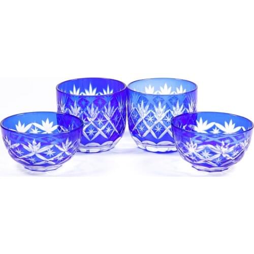 Hand Cut Kiriko Blue Shot Glasses Shochu Sake Whiskey Glass Tumbler Handcraft Set of 2 pieces