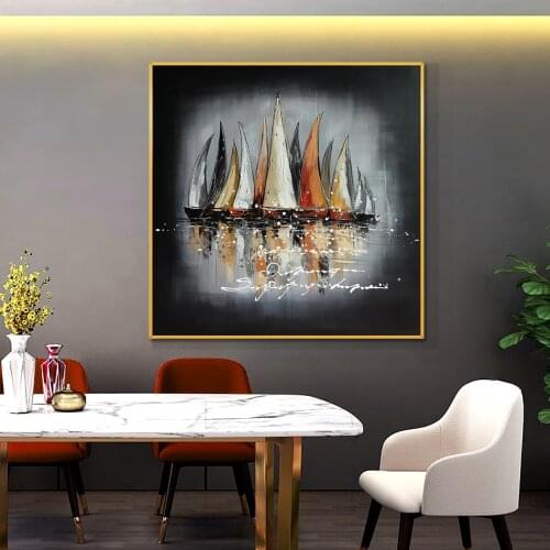 Abstract 100% Hand Painted Oil Painting On Canvas Abstract Sailing Boats On The River Painting Wall Art For Modern Home Decor