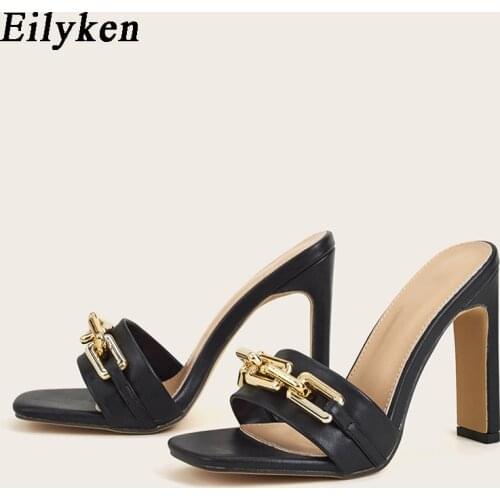 Eilyken 2021 New Fashion Big Chains Women Slippers Square Toe Slip On Slides Summers Beach Square heel Slippers Shoes Black Pink