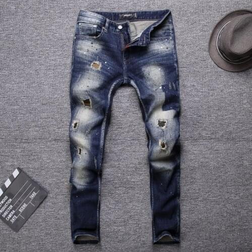 European Street Fashion Men Jeans Retro Black Blue Slim Fit Destroyed Ripped Jeans Men Patches Designer Hip Hop Denim Punk Pants