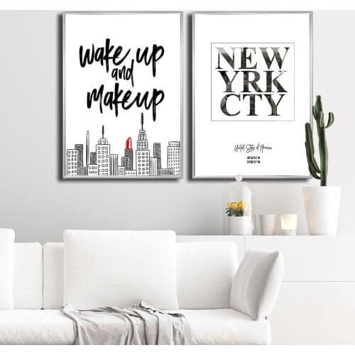 Wake Up and Make Up Letter Canvas Painting New York City Latitude and Longitude Poster Wall Art Print Quotes Picture for Room