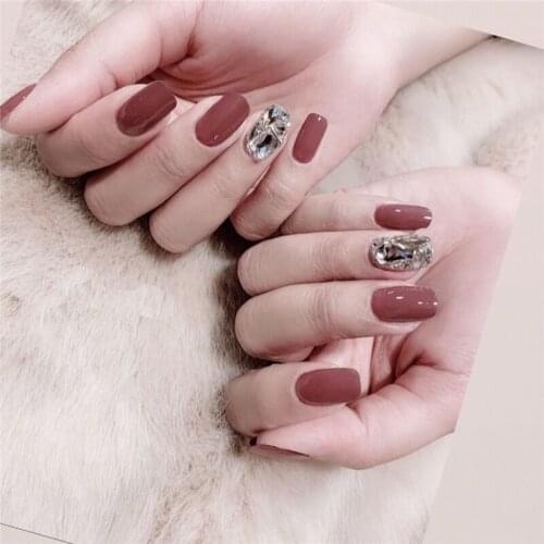 Red bean pure color with diamond 3d decorated fake nails Japanese Bride false nails with glue french Middle-long full nail tips