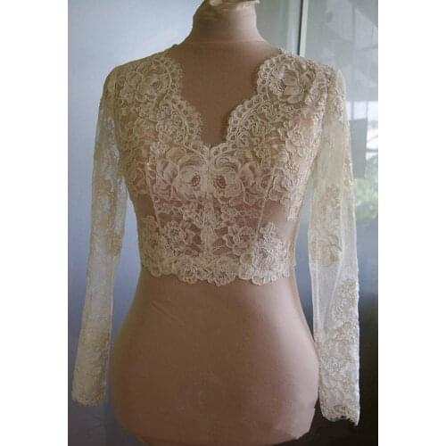 High Quality Long Sleeves Wedding Bolero Jacket Lace Ivory V-Neck Custom Made Sheer Wedding Wraps Shrugs Buttons Back Bridal Sto