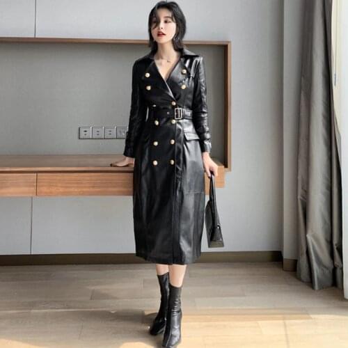 Faux Leather Jacket Women Vintage PU Streetwear Coat Double Breasted Sashes Outwear Chic Tops Female Black Long Trench Clothing