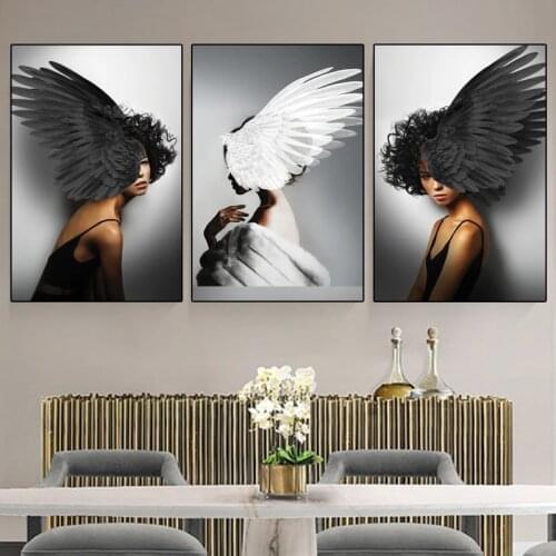 Nordic Fashion Wing Feather Woman Canvas Painting Abstract Art Girl Posters Prints Wall Pictures Living Room Home Decoration