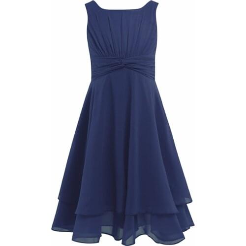 New Arrival Girls Chiffon Knotted Waist Ruched Summer Dresses Princess Wedding Flower Girls Birthday Party Dress SZ 4-14Y