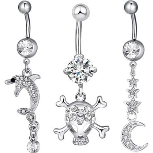 Starose 14G Zircon Skull Dolphin Belly Bar Piercing Navel Ring Crystal Star Belly Button Rings for Women Dangle Earrings Jewelry